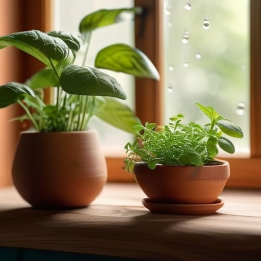 Small indoor herb garden in pots.