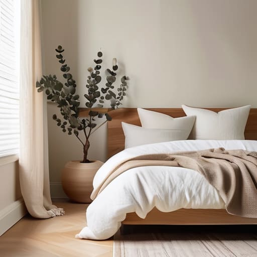 Serene and calming minimalist bedroom interior.